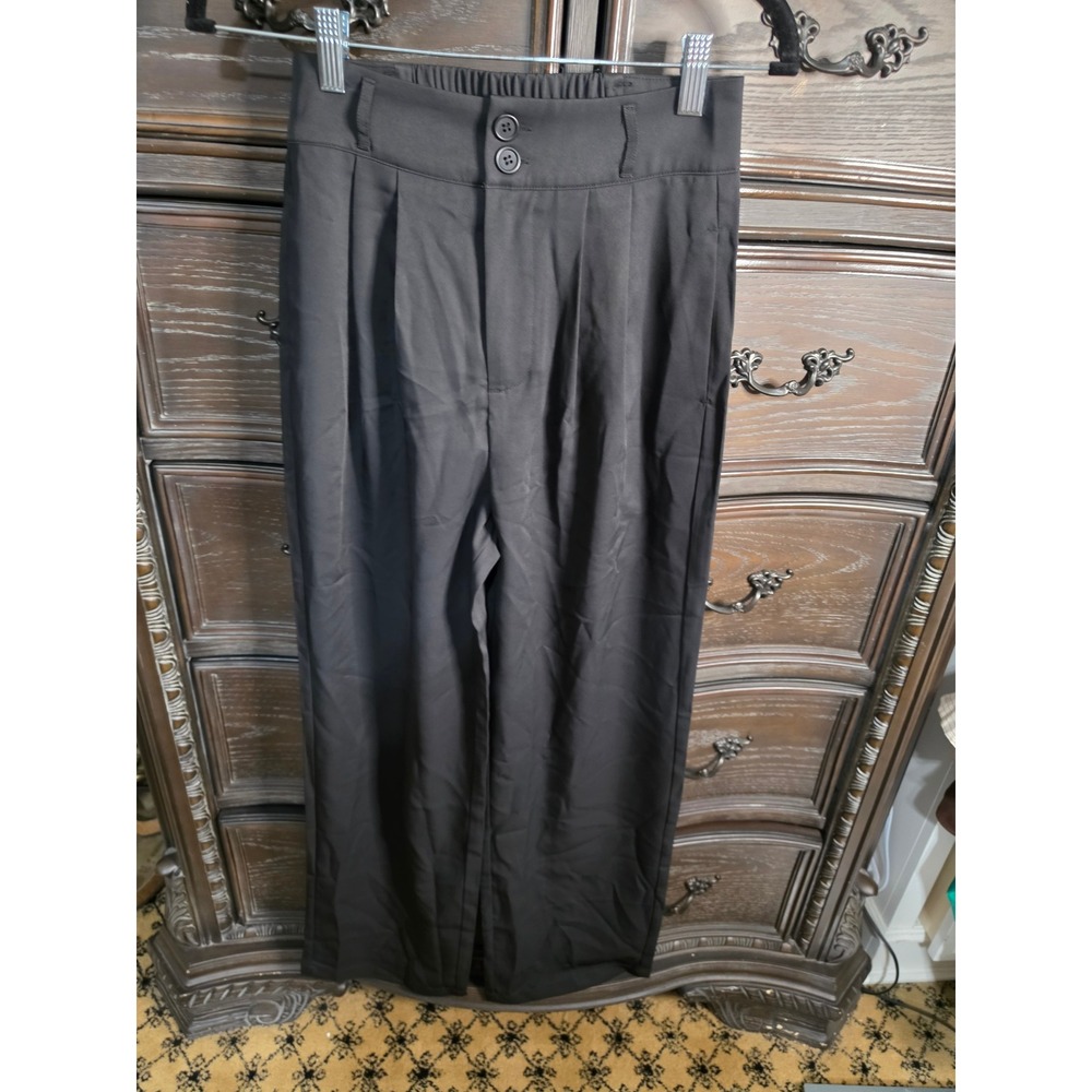 Black Wide Leg High Waisted Pleated Trousers XS Double Button Dress Pants